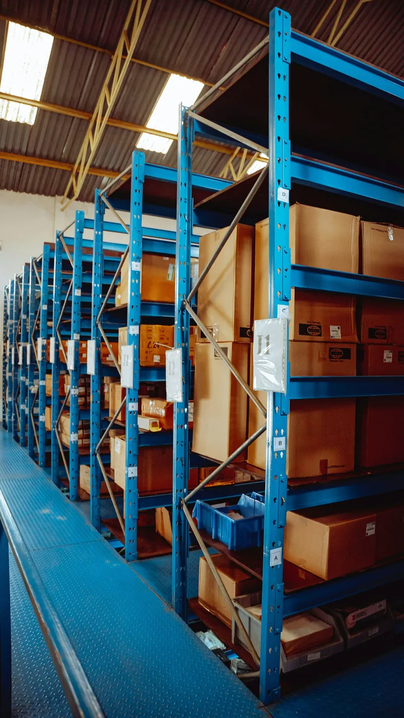 Almacenamiento organizado en estanterías con cajas y materiales.