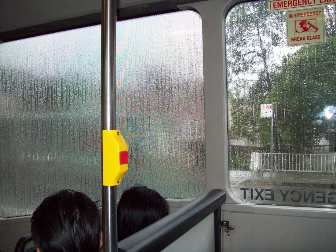 Detalle de película perforada en una ventana de autobús. Fotografía tomada bajo lluvia.